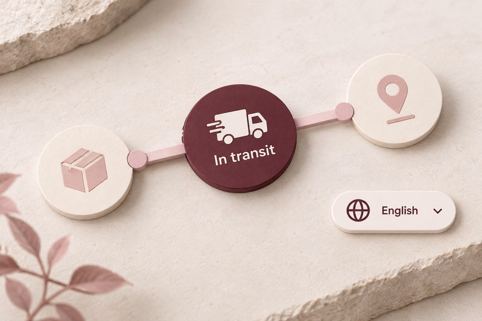 A shipment timeline with an in-transit status and a language selection.